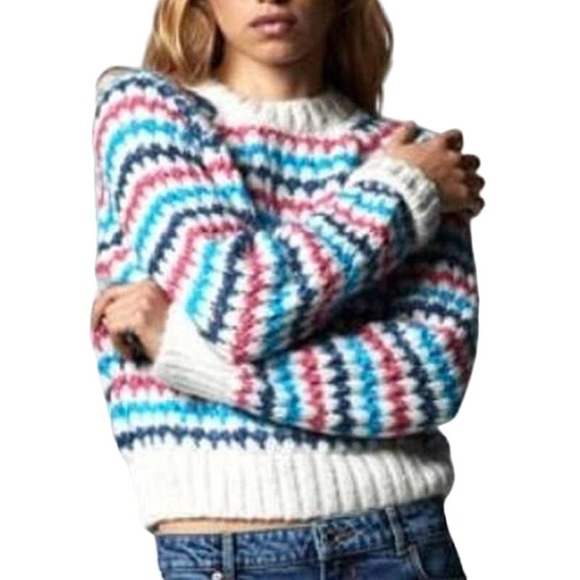 Zara Sweaters - ZARA Multicolored Crop Striped Chunky Knit Pullover Sweater Womens L